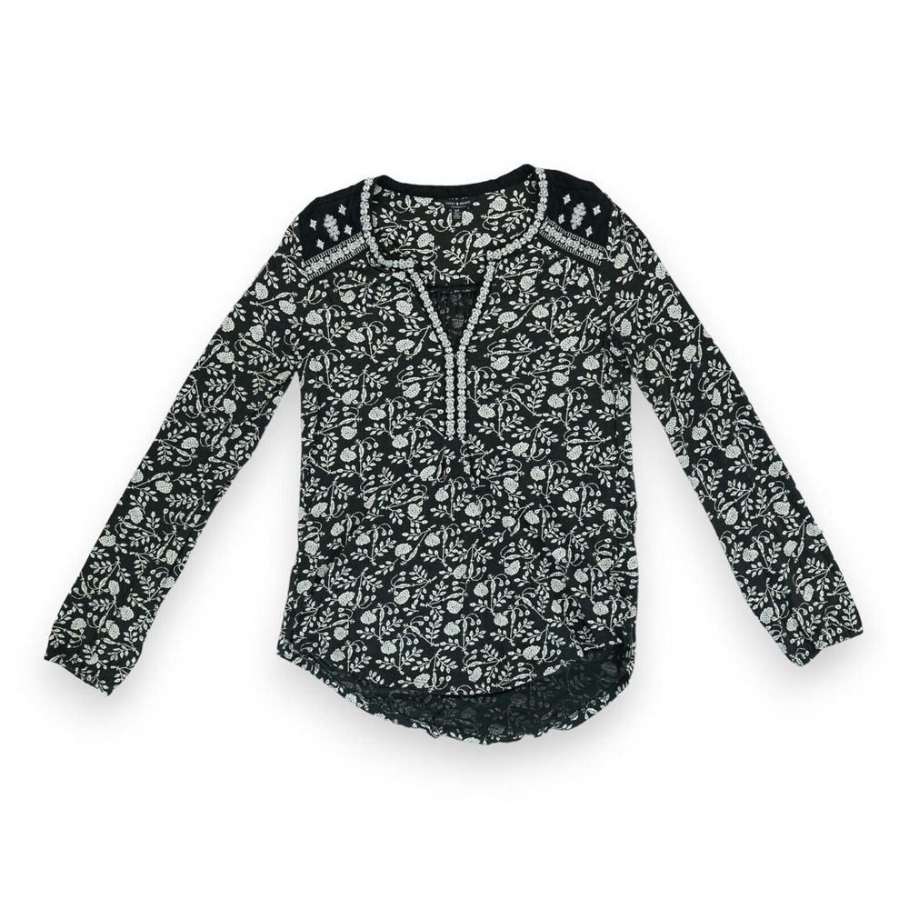 Lucky Brand Women's Boho Blouse Small Floral Black White Embroidered Peasant‎